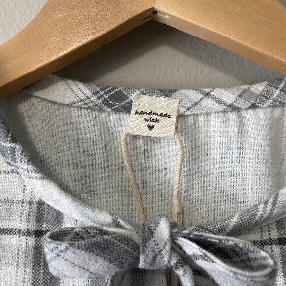 Handmade Children's 100% Cotton Grey White Plaid Ribbon Detail Dress - Picture 3 of 13
